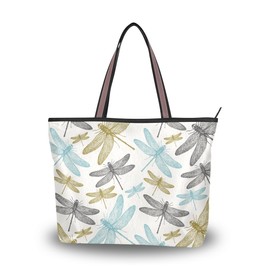 Shoulder Bag Large Beach Travel Tote Bag Fern Botanical Dragonfly Printed Handbags with Handle Top Zipper Closure