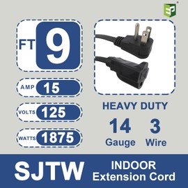 EP 9 Ft Heavy Duty Appliance Extension Cord - 14 Gauge 3 Prong SPT-3 Cable Wire, Ideal for Air Conditioners, Refrigerators, and Major Appliances - Indoor Use, Black