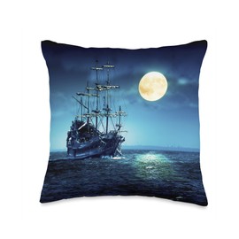 Pirate Ship Sailing Full Moon Night Blue Sea Ocean Tall Ship Throw Pillow
