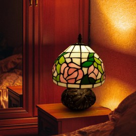 Ppbmocw Pink Rose Tiffany Lamp, 8 Inch Small Stained Glass Lamp, 3 Color Temperatures Dimmable E26 LED, Mushroom Style Decorate Bedside, Bedroom