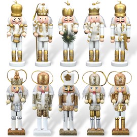 Christmas Nutcracker Ornaments Set, 10 Piece Nutcracker Christmas Decorations, Gold & Silver Glitter 5-Inch Tall, Handcrafted Wooden Nutcracker Soldier, Hangable on Xmas Tree or Tabletop Decor