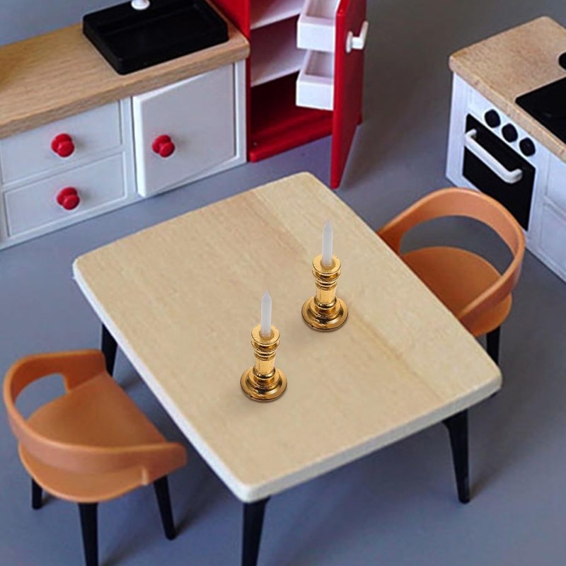 2Pcs Gold Miniature Candle Holders, 1/12 Scale Dollhouse Candlesticks Set