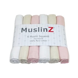 MuslinZ- 6 pack Muslin Squares Baby Burp Cloths 70x70cms Perfect for Newborns, multi-use, Oeko-Tex standard 100, UK brand. (Pale Pink Combo, 6 Pack)