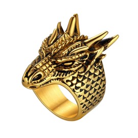 18K Gold Plated Chunky Thumb Ring, Retro Spiritual Animal Jewelry Masculine Dragon Head Signet Rings for Men, Size 8