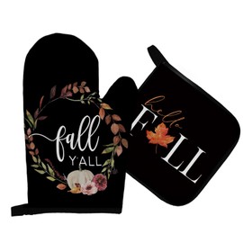 Mingnei Hello Fall Pumpkin Oven Mitts and Pot Holders Sets, Fall Pumpkin Kitchen Decor,Black Fall Maple Leaf Heat Resistant Hot Pods Kitchen Decor for Cooking Baking BBQ, Fall Oven Glove Set Gifts