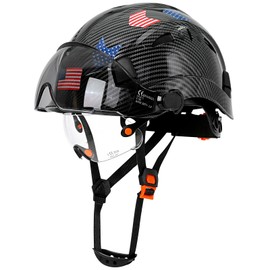 Aolamegs Safe Carbon Fiber Pattern Hard Hat with Visor - Black Hard Hats with Double Safety Glasses Construction OSHA Approved for Men,Vented Safety Helmet Hard Hat with Chin Strap,Type 1 Hardhats