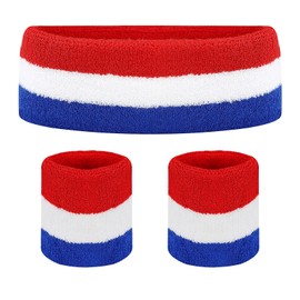 HXMJIED Sports Sweatbands Headband Wristband Set (1psc Headband + 2pcs Wristband) Red White Blue Striped Sports Headband Wristband Cotton Elastic Sweat Band for Basketball Tennis Exercise
