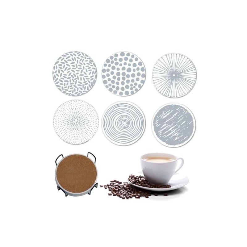 6Pcs Drink Coasters with Iron Holder, Cork Base, Ceramic Round