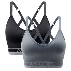 ANGOOL Sports Bras Women Padded Seamless Yoga Bra Wireless Adjustable Straps Longline Running Gym Training Bra, Black+Grey, L