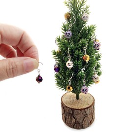 Tiny Christmas Tree with Removable Miniature Ornaments, Purple and Gold Glass Baubles for Dollhouse, 6.5 in tall
