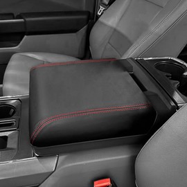 DEYTOP Armrest Cover for 2024 2025 2026 F150 Accessories Center Console Cover for Ford F150 2021-2026 Accessories Armrest Protector (Black with Red Stitches, 21-26 WITH WORK SURFACE CONSOLE)