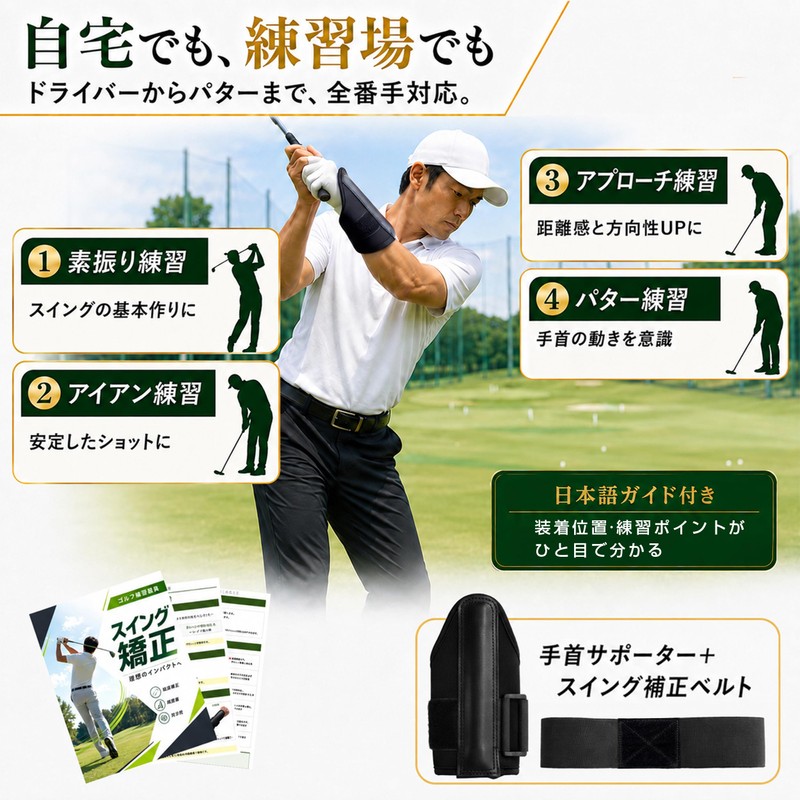 GOKEI ゴルフ スイング矯正 ダウンブローマスター 【プロ監修・2点セット】 手首サポーター＋スイング補正ベルト付き 練習器具 スイング安定 インパクト安定 初心者向け