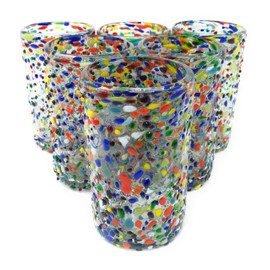Hand Blown Mexican Drinking Glasses - Set of 6 Confetti Rock Design Glasses (14 oz each)