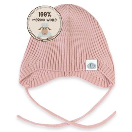 MIRARI Kids Warm ribbed baby hat knitted from 100% merino wool, unisex knitted hat with ear flaps and ties, soft baby wool hat without lining, ribbed knit, lightpink