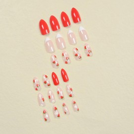 IMSOHOT Short Press on Nails French Tip Almond Fake Nails Red Strawberry Pattern False Nails with Designs Stiletto Glue on Nails Full Cover Acrylic Nails for Women 24Pcs