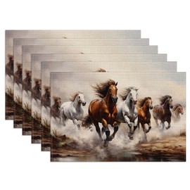 Running Horse Placemats Set of 6,12x18 Inch Linen Place Mat Washable Stain Resistant Table Mats for Spring Summer Seasonal Farmhouse Kitchen Party Home Decor