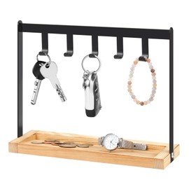 Wonderjune 1 Pcs Key Holder for Entryway Table with 5 Hooks and Burnt Wood Base 10 x 3.2 x 8.1 Inch Jewelry Organizer Bowl Rack Rustic Tray for Keys Bracelets Rings Watches Going Out Supplies