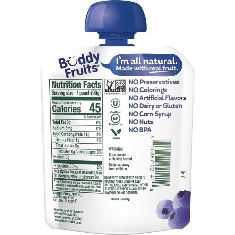 Buddy Fruits Snacks To Go Blueberry Unsweetened Applesauce 3.2oz Pouch
