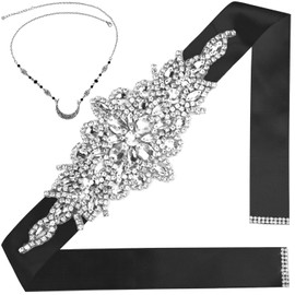 CoFashion Belts for Women Dresses Plus Size Black Sash Rhinestone Bridal Belts Wedding Dress Satin Ribbon Dressy Belt for Evening Bridesmaid Dresses Church Party Ball Gowns Prom Casual