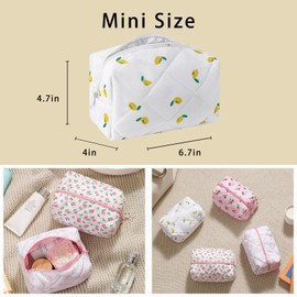 Cute Small Floral Cotton Makeup Bag, Quilted Zipper Pouch with Coquette Bear for Women and Girls, Kawaii Travel Cosmetic Bags for Purse(17Lemon)