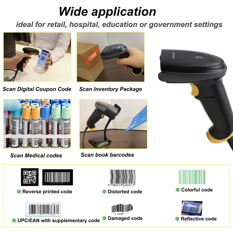 TEEMI 2D Barcode Scanner with Smart Stand USB Wired Handheld