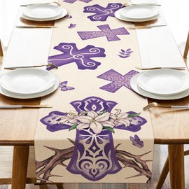Uruney Christian Easter Cross Chinoiserie Table Runner, Religious Purple Kitchen Dining Table Decoration, Spring Lily Burlap Indoor Outdoor Home Decor Party Supply 13 x 72 Inches