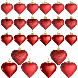 24Pcs Heart Shaped Ornaments for Valentine Day, Red Heart Shaped Hanging Decorations in 2 Sizes, Glitter Glossy Love Baubles for Valentines Tree Wedding Party Decor