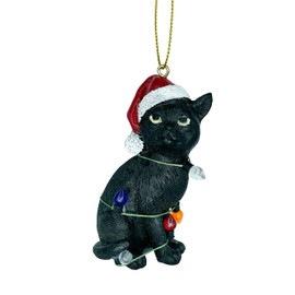 Black Cat Christmas Tree Ornament with Santa Hat Wrapped in Christmas Tree Colored Lights