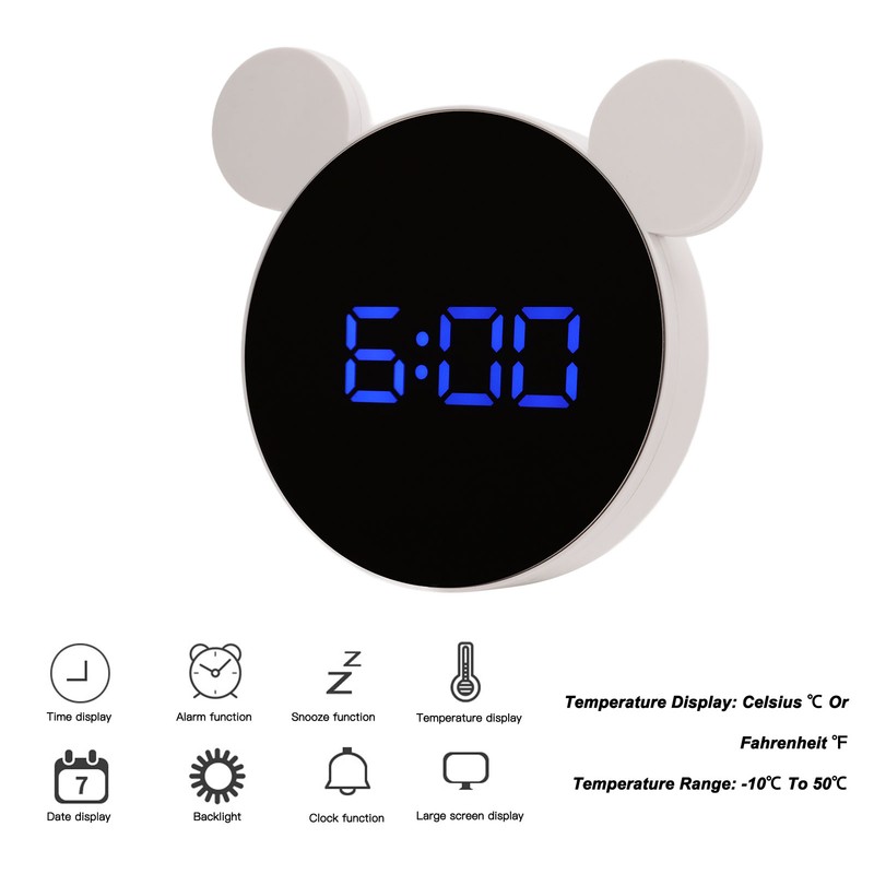 Mirrored Digital Alarm Clock Cute Mice Ear Shape LED Mirror