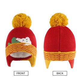 MASOCIO Toddler Kids Hat Winter Girls Boys Baby Bobble Beanie Ear Flaps Thermal Knitted Wooly Warm Fleece 3 4 5 Caps Age 2-6 Years Red