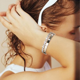 Women's Tennis Bracelet Cubic Zirconia Bangle 2 Pieces Bracelet for Women Stainless Steel 6 mm Wide 17/19 cm Bracelets Jewellery Gift Silver Gold for Mum Friend Daughter, Stainless Steel