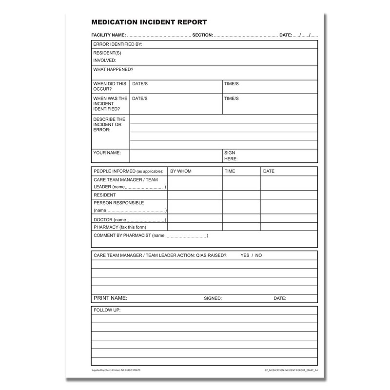 Carbonless Medication Incident Record NCR Duplicate Book A4 50 Sets