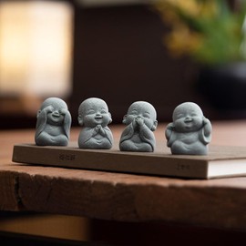 ARBTOTCE 4PCS Laughing Buddha Statue for Good Luck Feng Shui Decor,Cute Small Zen Monk Sandstone Buddha Statue for Home and Aquarium Decor, See no Evil,Hear no Evil,Speak no Evil,Do no Evil
