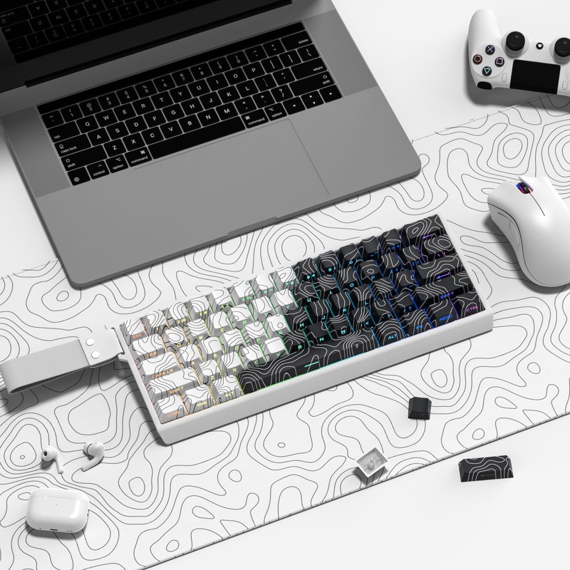 double shot PBT keycaps,white and black,Topographic keycaps,lines backlit,Shine Through keycap,Side