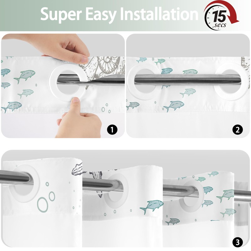 TWLSNCD No Hook Shower Curtain with Snap in Liner, Beach