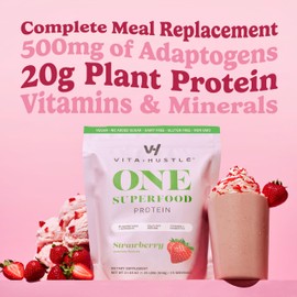 VitaHustle All-in-One Nutrition Shake, Strawberry - Plant Based Protein Powder by Kevin Hart – Vegan Meal Replacement Shake with KSM66 Ashwagandha & 86+ Superfoods - Organic Meal Replacement Powder