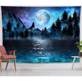 LB Small Blue Moon Over Ocean Tapestry Galaxy Wolf on Mountain Wall Tapestry 3D Fantasy Watercolor Forest Wall Art for Bedroom Living Room Dorm Home Decor, 59 x 51 Inches