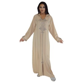 Moroccan Caftans Women Hand Made Djellaba Embroidered Size X-Large Beige