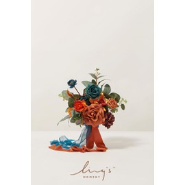 Ling's Moment Artificial Flowers Teal Bridesmaid Bouquet, Burnt Orange Wedding Flowers Bouquets for Bridesmaids, 7 Inch Bridal Bouquets for Bridesmaids, Wedding Decor, Ceremony, etc.