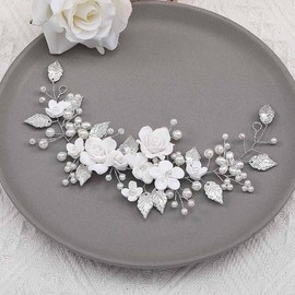 Vakkery Flower Bride Wedding Hair Vine Pearl Hair Accessories Bridal Headband Headpiece for Women and Girls (Silver)