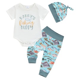 MBMSHEGH Newborn Baby Boy Clothes Short Sleeve Romper Fish Print Pants Hat Sets 3Pcs Coming Home Fall Outfit (A-Blue, 3-6 Months)