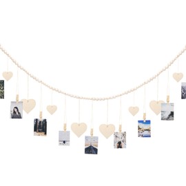 Wall Hanging Photo Display with Clips, 4.9ft Wooden Beads Garland, Picture Photo Frame Set with 12 Wood Clips for Bedroom, Living Room Dorm
