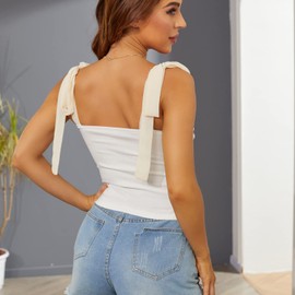 Velius Women's Sleeveless Camisole Tie Shoulder Mesh Strap Tank Crop Tops (White, Small)