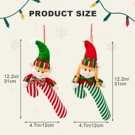 Elf Candy Cane Christmas Hanging Ornament, Funny Elf Plush Christmas Tree Decorations, Stuffed Elf Boy Girls Xmas Decor for Holiday Party Supplies, Set of 2