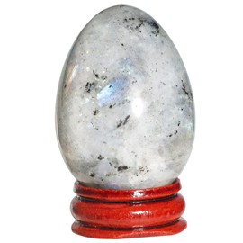 Fythesk Polished Natural Moonstone Crystal Egg Figurines, Gemstone Eggs Pocket Palm Stone Healing Sphere Fengshui Decoration with Wood Stand
