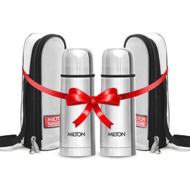 Milton Small Vacuum Flask for Hot Drink 350 ml (12 oz), Stainless Steel Double Walled Insulated Water Bottle for 24 Hour Hot and Cold Drinks, Leak proof, BPA Free,Thermosteel Flip Lid Set of -2