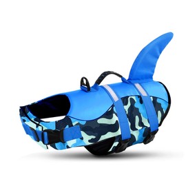 Queenmore Dog Life Jacket Ripstop Dog Shark Safety Vest Adjustable Preserver with High Buoyancy and Durable Rescue Handle for Small,Medium,Large Dogs, Blue Camouflage X-Small