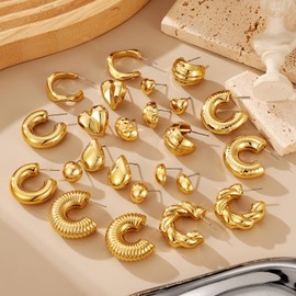 IFKM 9 Pairs Gold Hoop Earrings Ear stud Set For Women Hypoallergenic Chunky Chain Twisted Open Hoops Dangle Earring Packs For Birthday Party Christmas Fashion Jewelry Gift