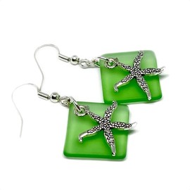 Sea Glass Starfish Dangle Earrings - Beach Glass Jewelry - Tropical Gifts for Women - Sea Star Drop Earrings - Mother's Day Gifts for Mom - Sea Green Seaglass Earring