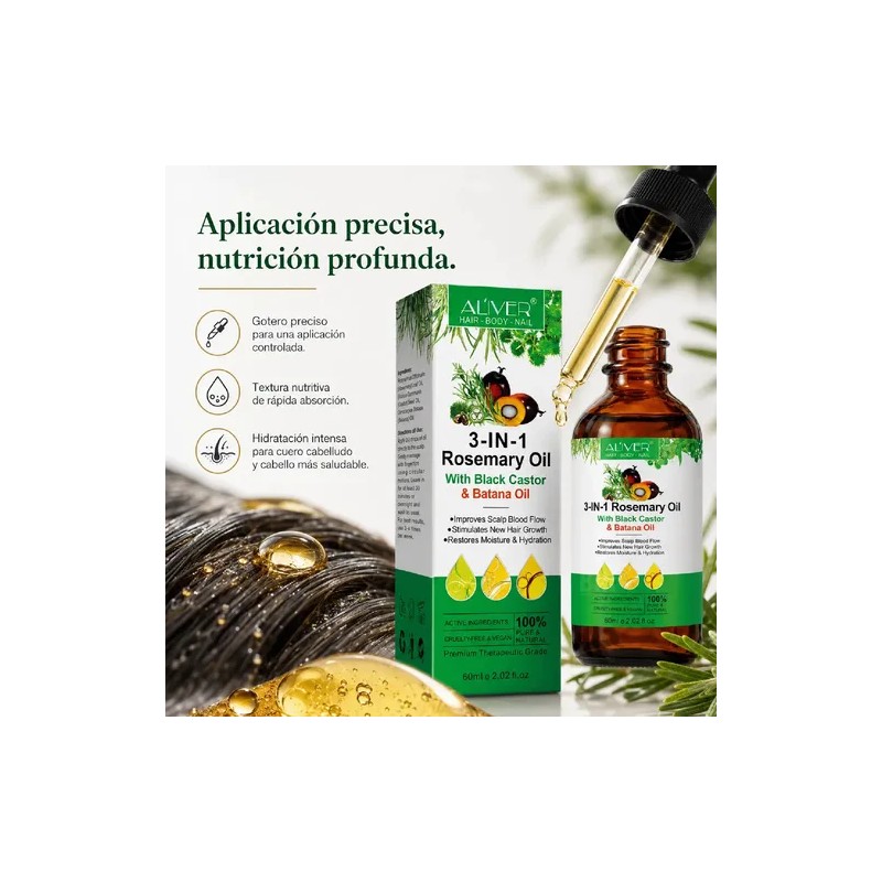 Aceite 3 En 1 Romero Ricino Negro Batana Anticaída Capilar